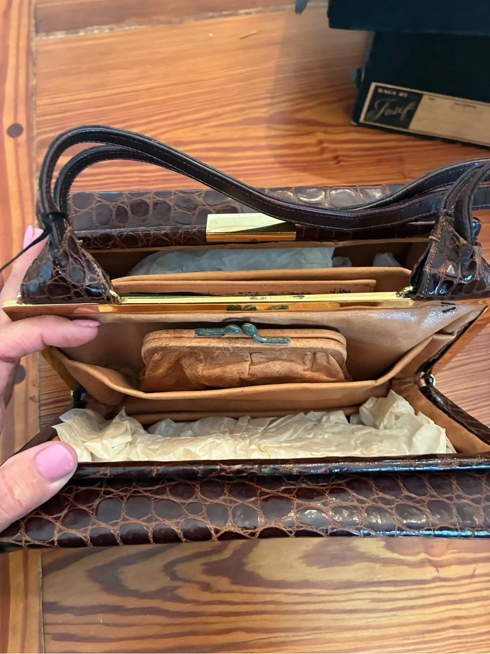 Croc-Embossed Dark Brown Leather Handbag